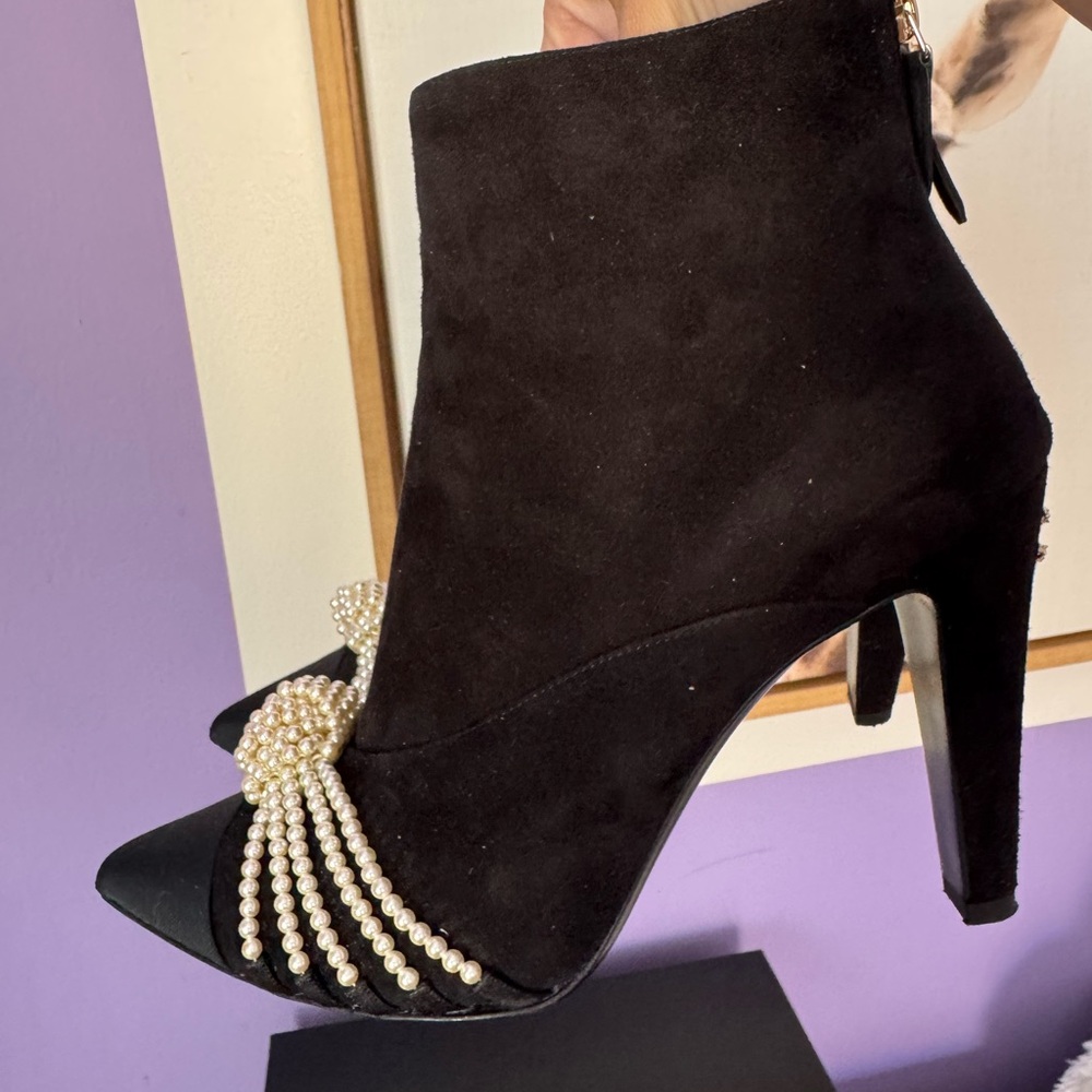 Chanel Black Pearl-Embellished Suede Ankle Boots - Women with golden CC heels - Picture 11 of 16